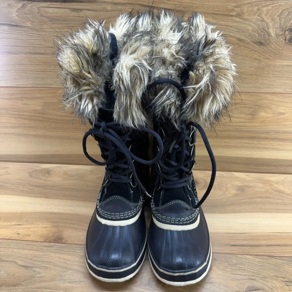 Sorel Joan Of Arctic Waterproof Snow Boots 7 Black Suede Faux Fur Tall Gorpcore
